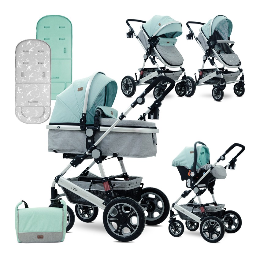 babashop.hu - Lorelli Lora SET babakocsi mózessé alakítható sport résszel - Green&Grey Birds 2019