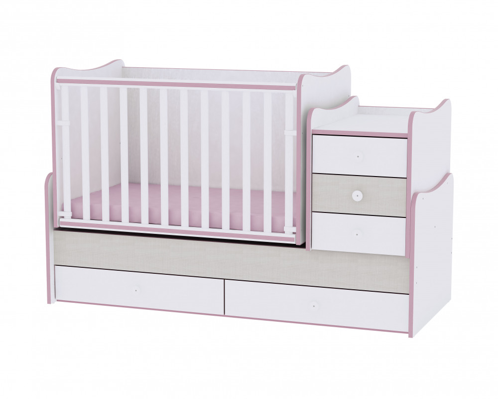 babashop.hu - Lorelli Maxi Plus kombi ágy 70x160 - White & Pink Crossline / Fehér & Pink csíkozás