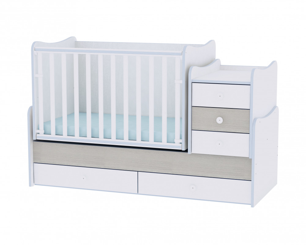 babashop.hu - Lorelli Maxi Plus kombi ágy 70x160 - White & Blue Elm / Fehér & Kék csíkozás