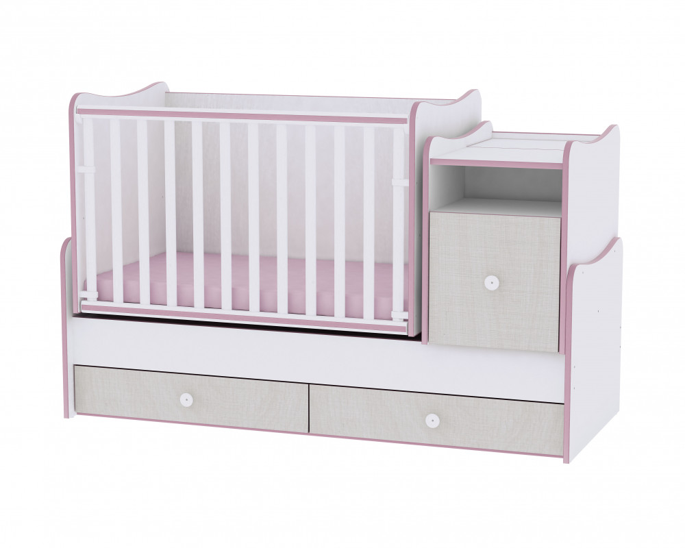 babashop.hu - Lorelli Trend PLUS kombi ágy 70x165 - White & Pink Crossline / Fehér & Pink csíkozás