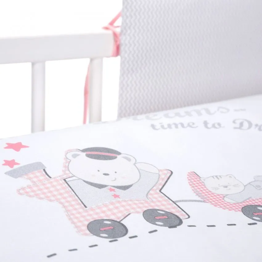 babashop.hu - Klups 5 részes ágynemű - K087 Kisvonat pink-szürke