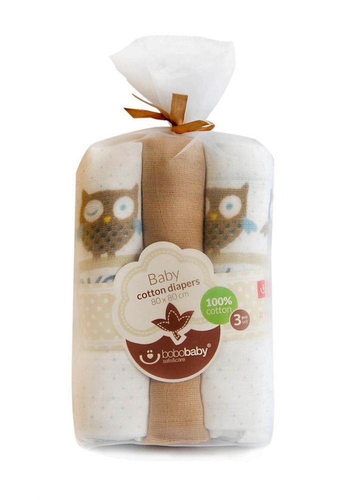 babashop.hu - Bobobaby tetra pelenka 3db 80x80cm - barna bagoly