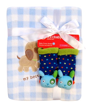 babashop.hu - Bobobaby ajándék szett 7 plüss takaró 76x102cm + 3D zokni - kék Kutya