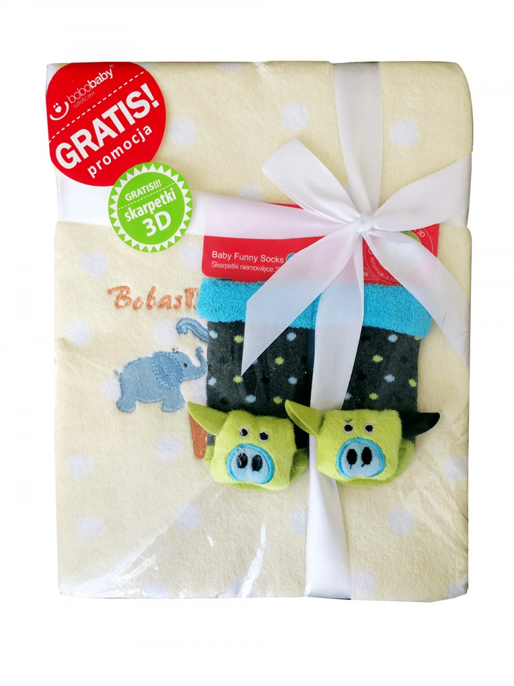 babashop.hu - Bobobaby ajándék szett 7 plüss takaró 76x102cm + 3D zokni - sárga elefánt