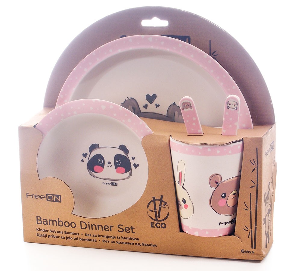 babashop.hu - FreeON bambusz étkészlet 5 db-os - Rózsaszín állatok
