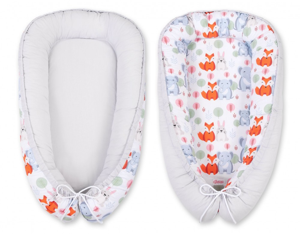 babashop.hu - BabyLion Prémium babafészek - Kifordítható! - Szürke - Elefánt és róka