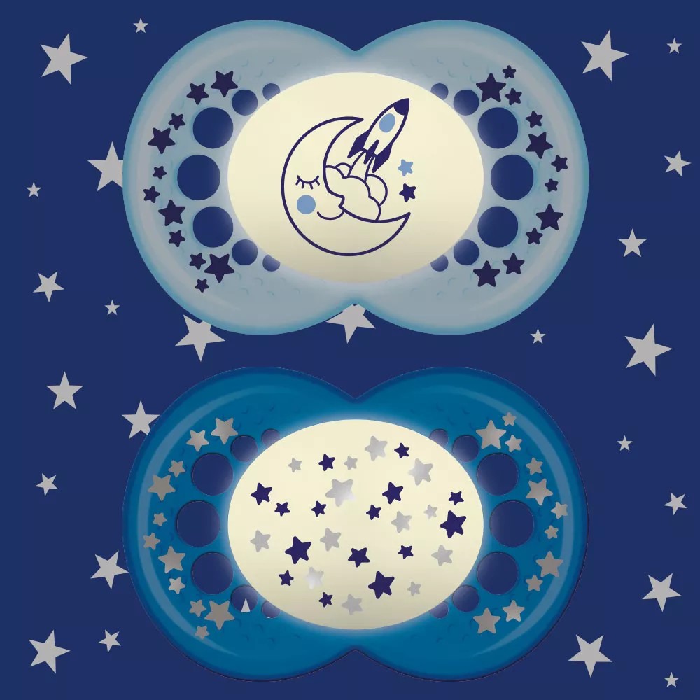 babashop.hu - MAM Original Astro éjszakai szilikon cumi dupla 16h+ (2022) - Kék-Sötétkék holdacska