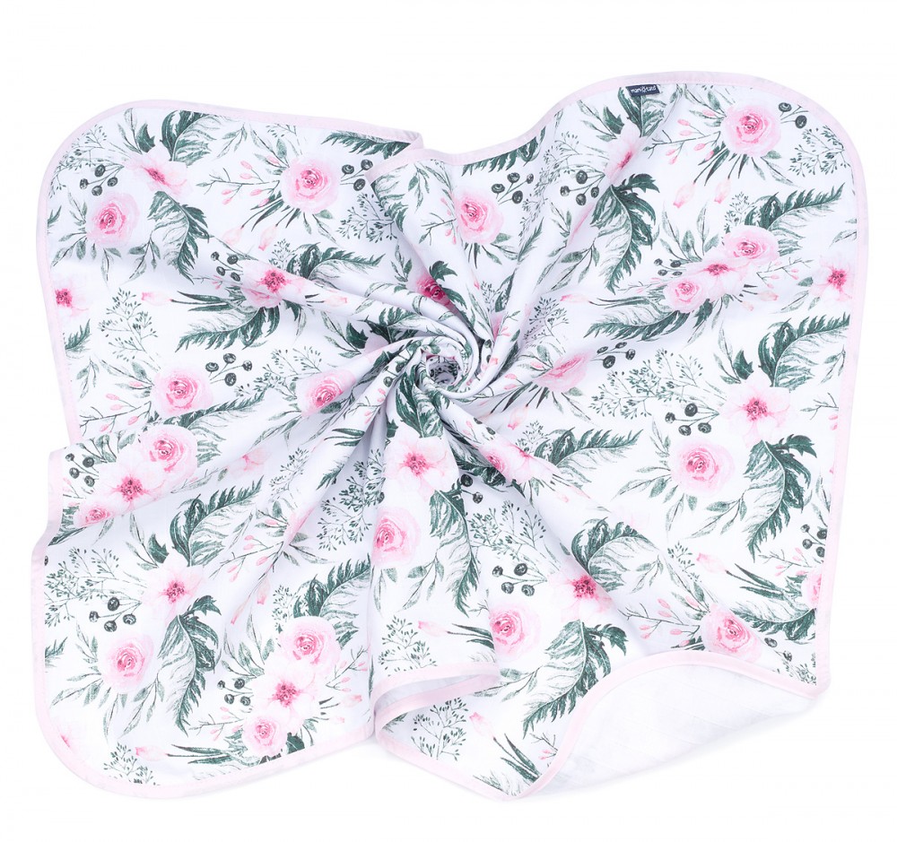 babashop.hu - MTT Textil takaró - Fehér alapon Rózsaszín virágok