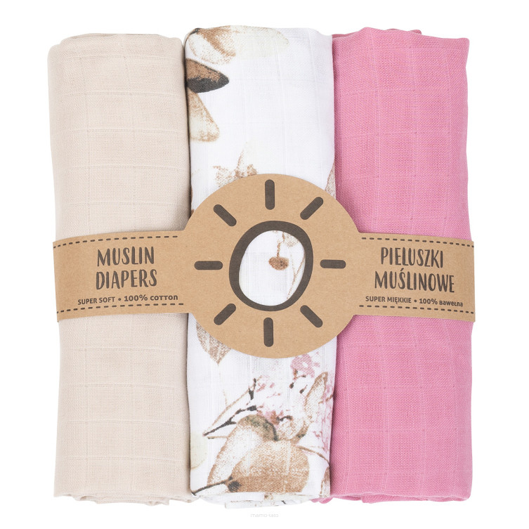 babashop.hu - MTT Textil pelenka 3 db + Mosdatókesztyű - Bézs, Rózsaszín - virágok