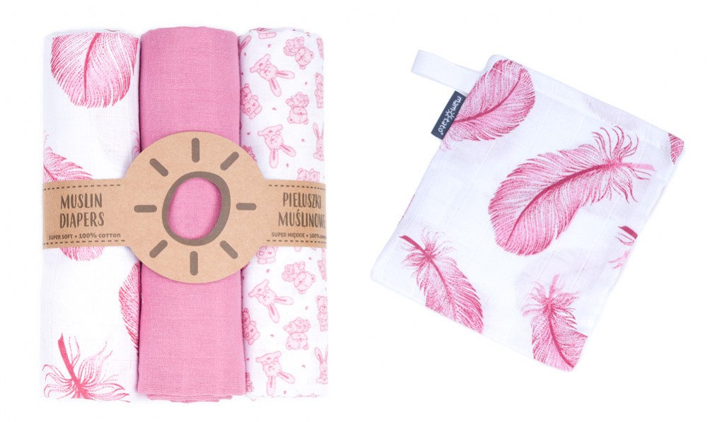 babashop.hu - MTT Textil pelenka 3 db + Mosdatókesztyű - Rózsaszín-Fehér - Tollak és nyuszik