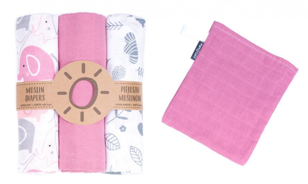 babashop.hu - MTT Textil pelenka 3 db + Mosdatókesztyű - Rózsaszín fehér elefánt
